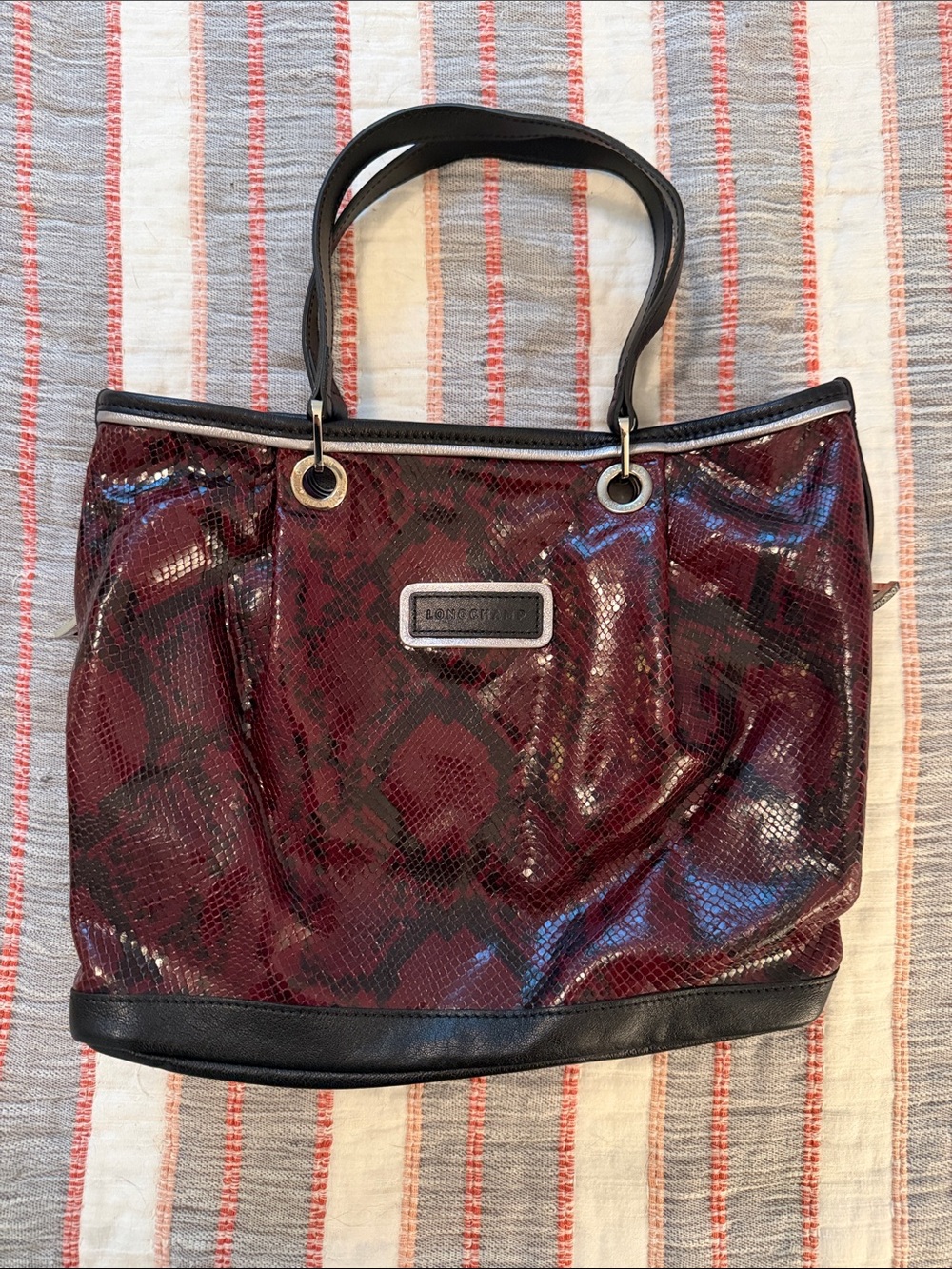 Longchamp Burgundy and Black Snake-Print Patent Tote